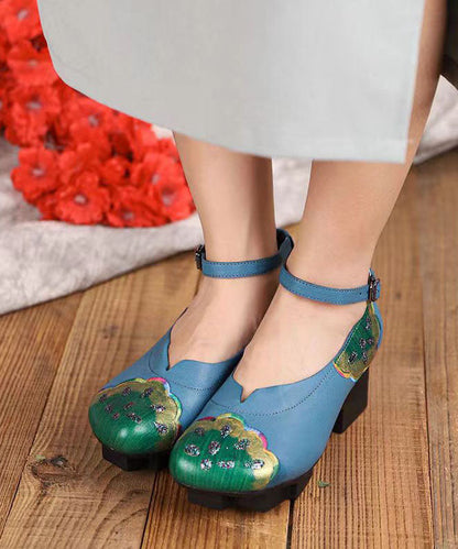 Blue High Heels Chunky Cowhide Leather Fine Splicing Buckle Strap LY7623