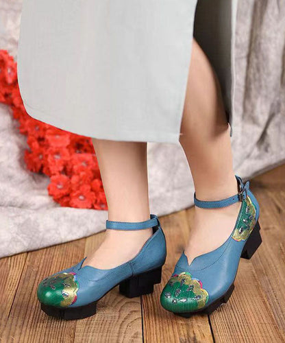 Blue High Heels Chunky Cowhide Leather Fine Splicing Buckle Strap LY7623