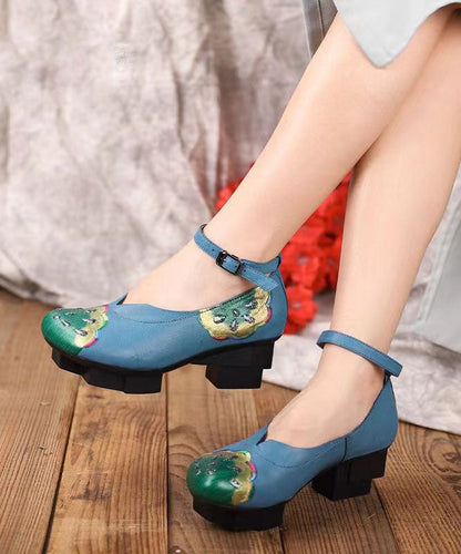 Blue High Heels Chunky Cowhide Leather Fine Splicing Buckle Strap LY7623