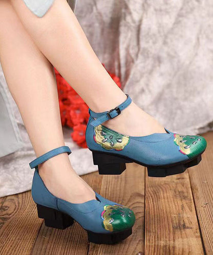 Blue High Heels Chunky Cowhide Leather Fine Splicing Buckle Strap LY7623