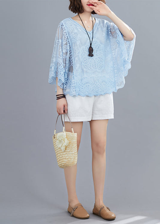 Blue Hollow Out Cotton Shirt Top Embroideried Batwing Sleeve LY7309 - fabuloryshop