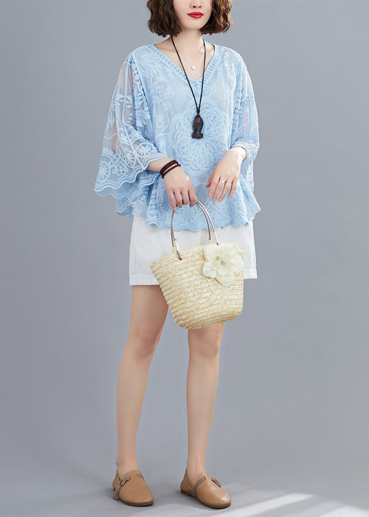 Blue Hollow Out Cotton Shirt Top Embroideried Batwing Sleeve LY7309 - fabuloryshop