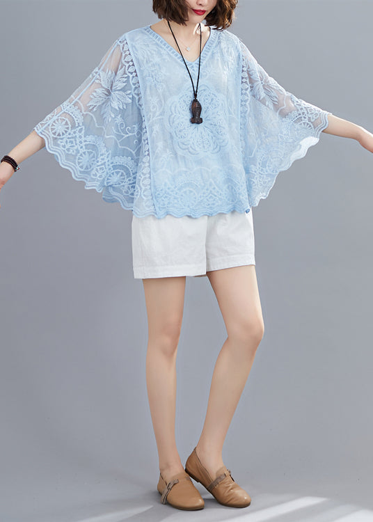 Blue Hollow Out Cotton Shirt Top Embroideried Batwing Sleeve LY7309 - fabuloryshop