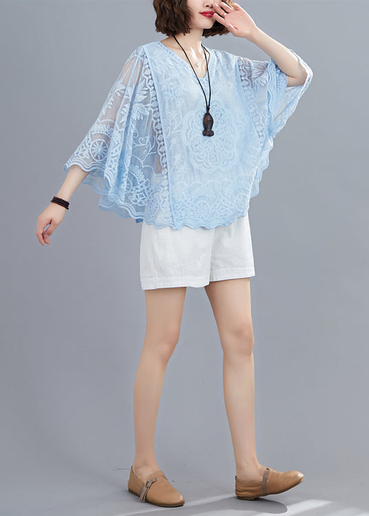 Blue Hollow Out Cotton Shirt Top Embroideried Batwing Sleeve LY7309 - fabuloryshop