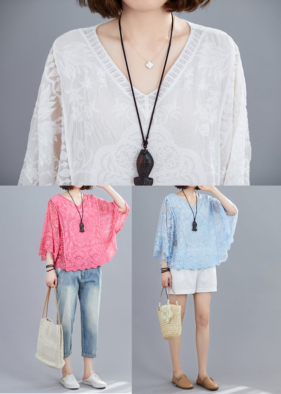 Blue Hollow Out Cotton Shirt Top Embroideried Batwing Sleeve LY7309 - fabuloryshop