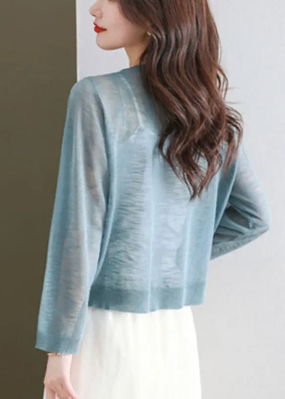 Blue Hollow Out Ice Size Knit Cardigans Long Sleeve Ada Fashion