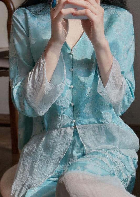 Blue Jacquard Patchwork Silk Two-Piece Set Pajamas V Neck Long Sleeve LY2807 - fabuloryshop