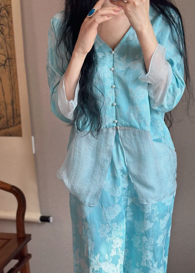 Blue Jacquard Patchwork Silk Two-Piece Set Pajamas V Neck Long Sleeve LY2807 - fabuloryshop