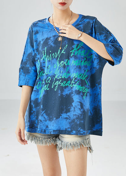 Blue Letter Print Cotton Tank Oversized Tie Dye Summer LY6119 - fabuloryshop