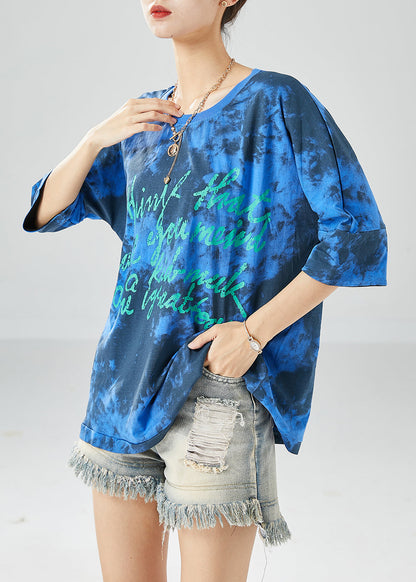 Blue Letter Print Cotton Tank Oversized Tie Dye Summer LY6119 - fabuloryshop