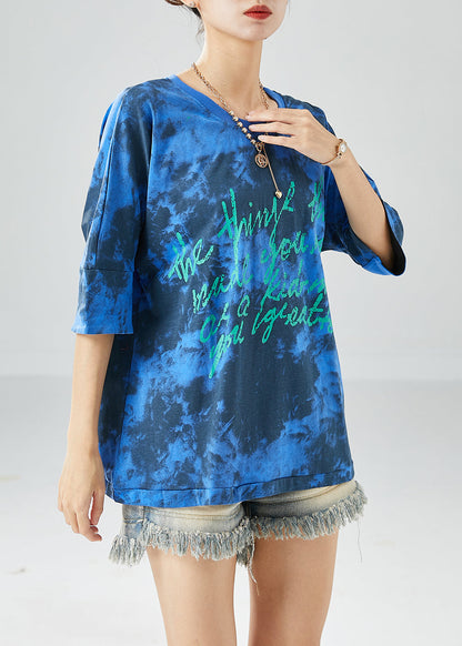 Blue Letter Print Cotton Tank Oversized Tie Dye Summer LY6119 - fabuloryshop