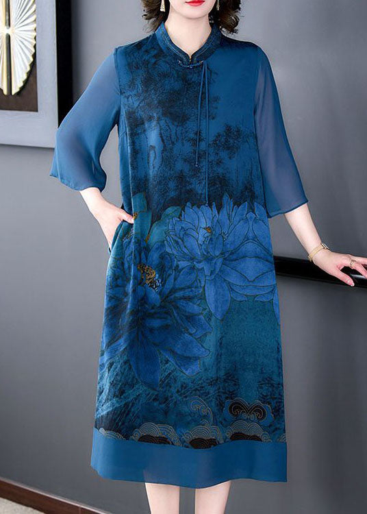 Blue Lotus Print Patchwork Silk Dresses Tasseled Stand Collar Summer LY4585 - fabuloryshop