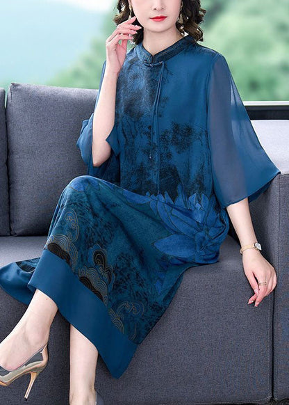 Blue Lotus Print Patchwork Silk Dresses Tasseled Stand Collar Summer LY4585 - fabuloryshop