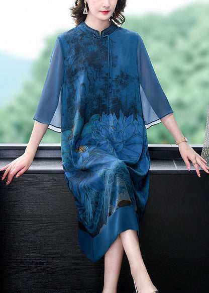 Blue Lotus Print Patchwork Silk Dresses Tasseled Stand Collar Summer LY4585 - fabuloryshop