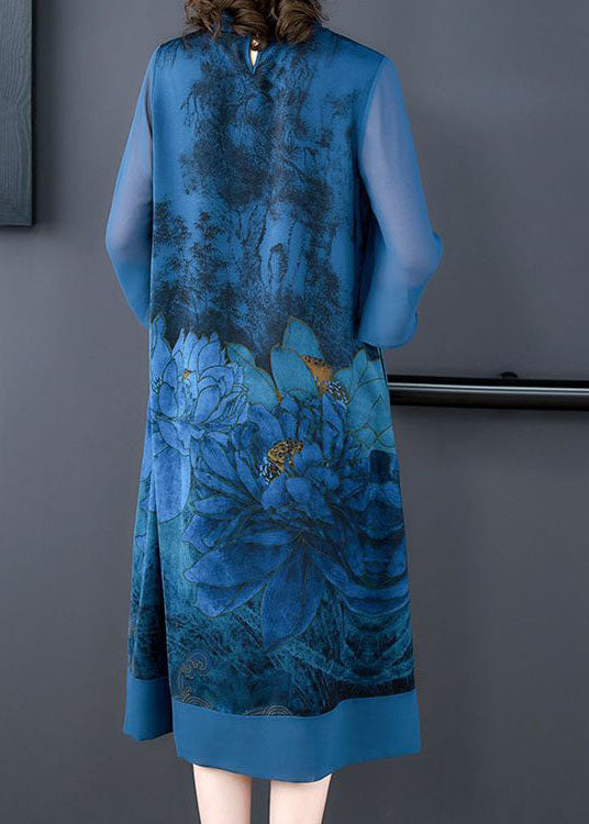 Blue Lotus Print Patchwork Silk Dresses Tasseled Stand Collar Summer LY4585 - fabuloryshop