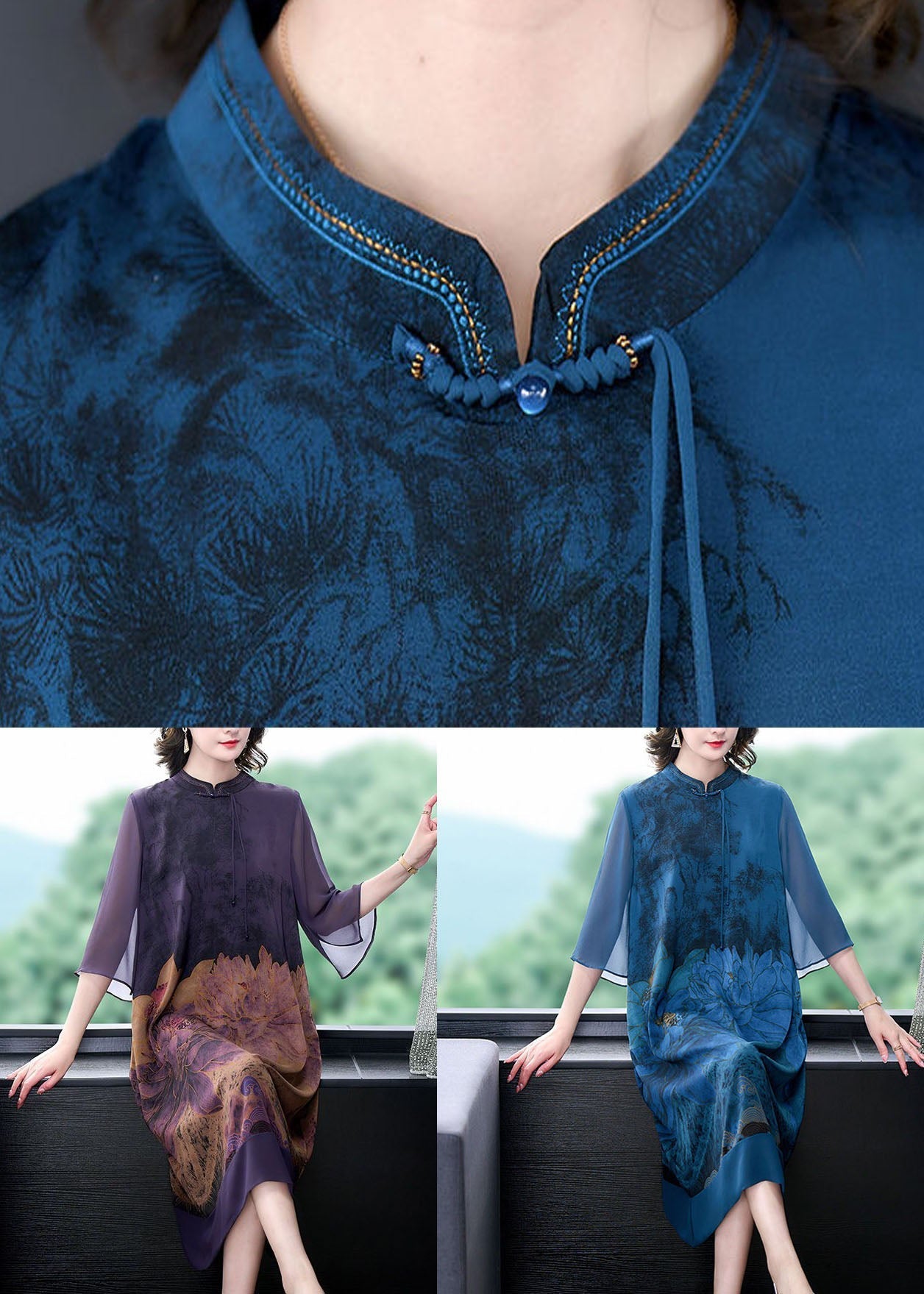 Blue Lotus Print Patchwork Silk Dresses Tasseled Stand Collar Summer LY4585 - fabuloryshop