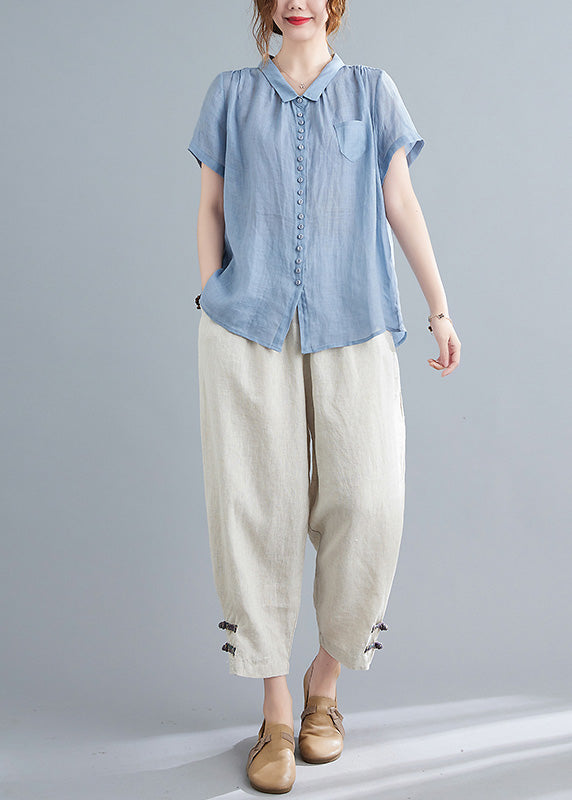 Blue Low High Design Top And Harem Pants Two Pieces Set Short Sleeve LY6011 - fabuloryshop