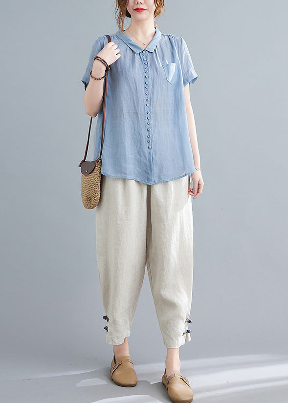 Blue Low High Design Top And Harem Pants Two Pieces Set Short Sleeve LY6011 - fabuloryshop