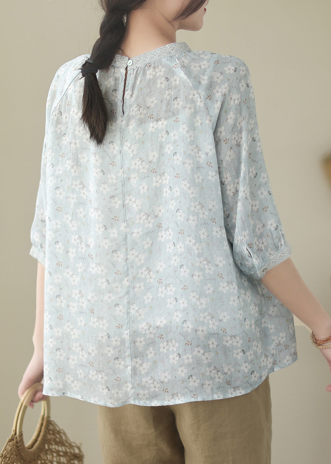 Blue O-Neck Patchwork Ramie Shirts Half Sleeve LY6911 - fabuloryshop