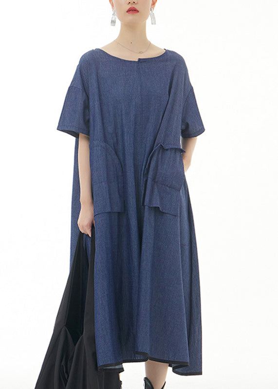 Blue O-Neck Solid Cotton Maxi Dress Short Sleeve LY1197 - fabuloryshop