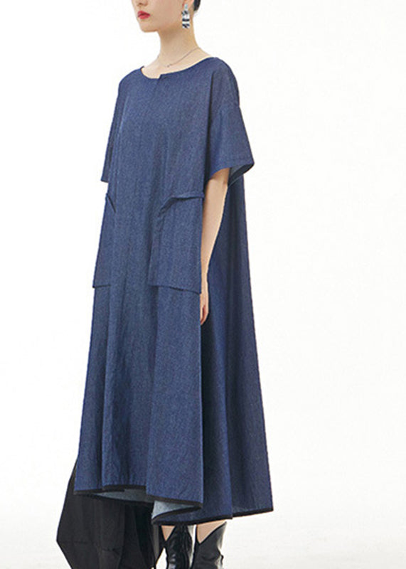 Blue O-Neck Solid Cotton Maxi Dress Short Sleeve LY1197 - fabuloryshop