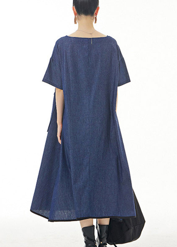 Blue O-Neck Solid Cotton Maxi Dress Short Sleeve LY1197 - fabuloryshop