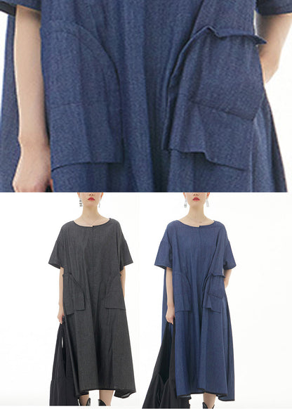 Blue O-Neck Solid Cotton Maxi Dress Short Sleeve LY1197 - fabuloryshop