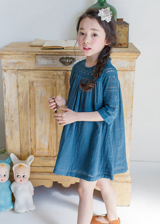 Blue O-Neck Wrinkled Cotton Girls Mid Dresses Half Sleeve Ada Fashion