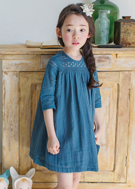 Blue O-Neck Wrinkled Cotton Girls Mid Dresses Half Sleeve Ada Fashion