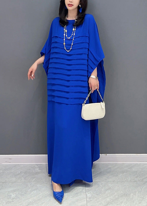 Blue O-Neck Wrinkled Solid Loose Dress Summer LY4319 - fabuloryshop