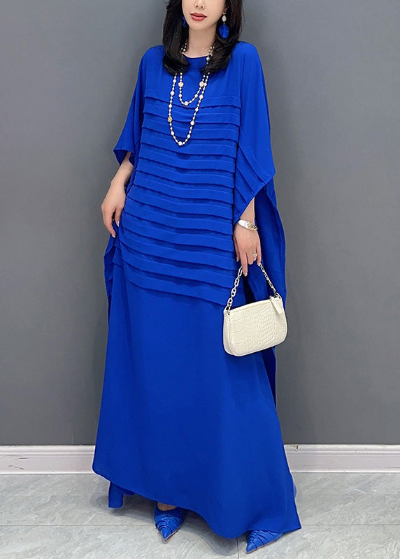 Blue O-Neck Wrinkled Solid Loose Dress Summer LY4319 - fabuloryshop