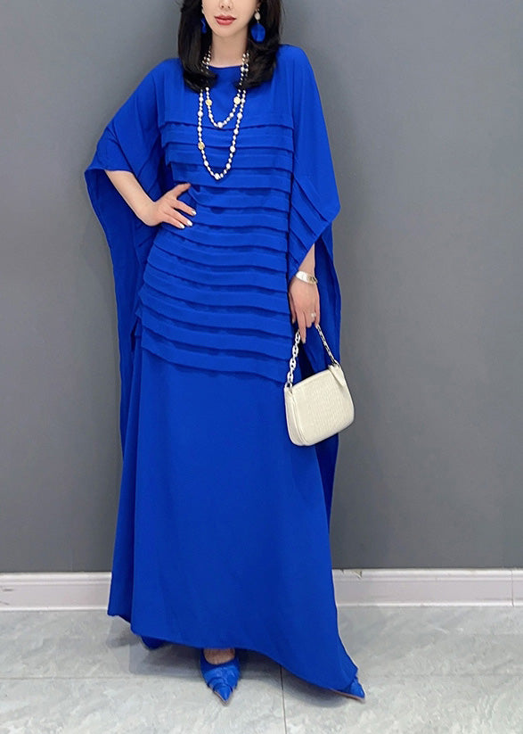 Blue O-Neck Wrinkled Solid Loose Dress Summer LY4319 - fabuloryshop