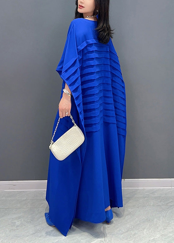 Blue O-Neck Wrinkled Solid Loose Dress Summer LY4319 - fabuloryshop