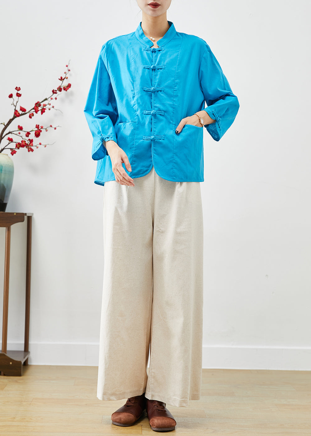 Blue Oriental Linen Two Piece Set Women Clothing Oversized Fall Ada Fashion