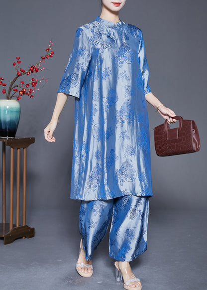 Blue Oriental Silk Two Piece Set Mandarin Collar Jacquard Summer LY5371 - fabuloryshop