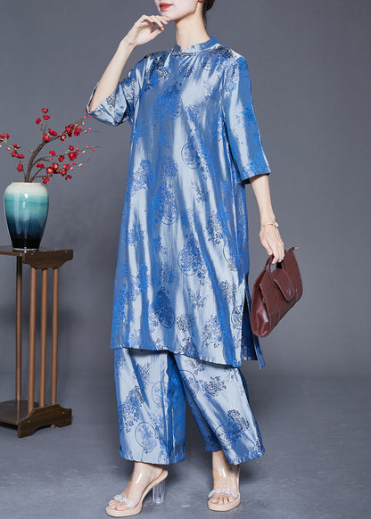 Blue Oriental Silk Two Piece Set Mandarin Collar Jacquard Summer LY5371 - fabuloryshop