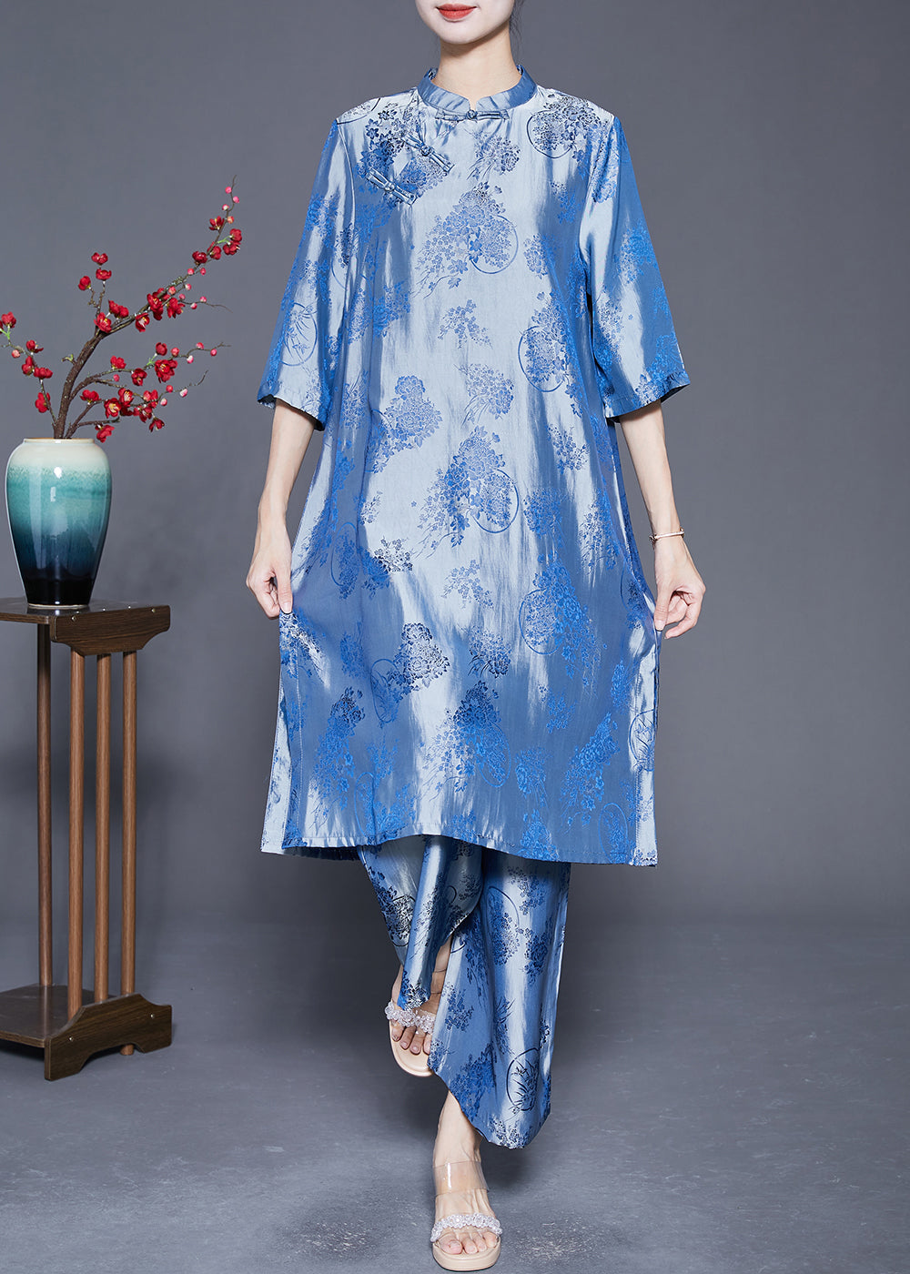 Blue Oriental Silk Two Piece Set Mandarin Collar Jacquard Summer LY5371 - fabuloryshop