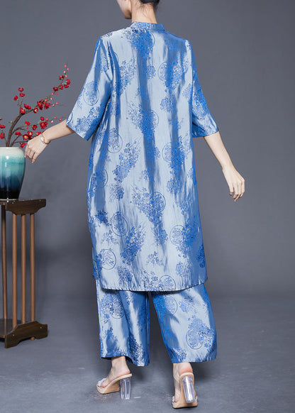 Blue Oriental Silk Two Piece Set Mandarin Collar Jacquard Summer LY5371 - fabuloryshop