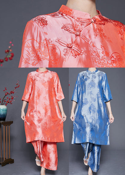 Blue Oriental Silk Two Piece Set Mandarin Collar Jacquard Summer LY5371 - fabuloryshop