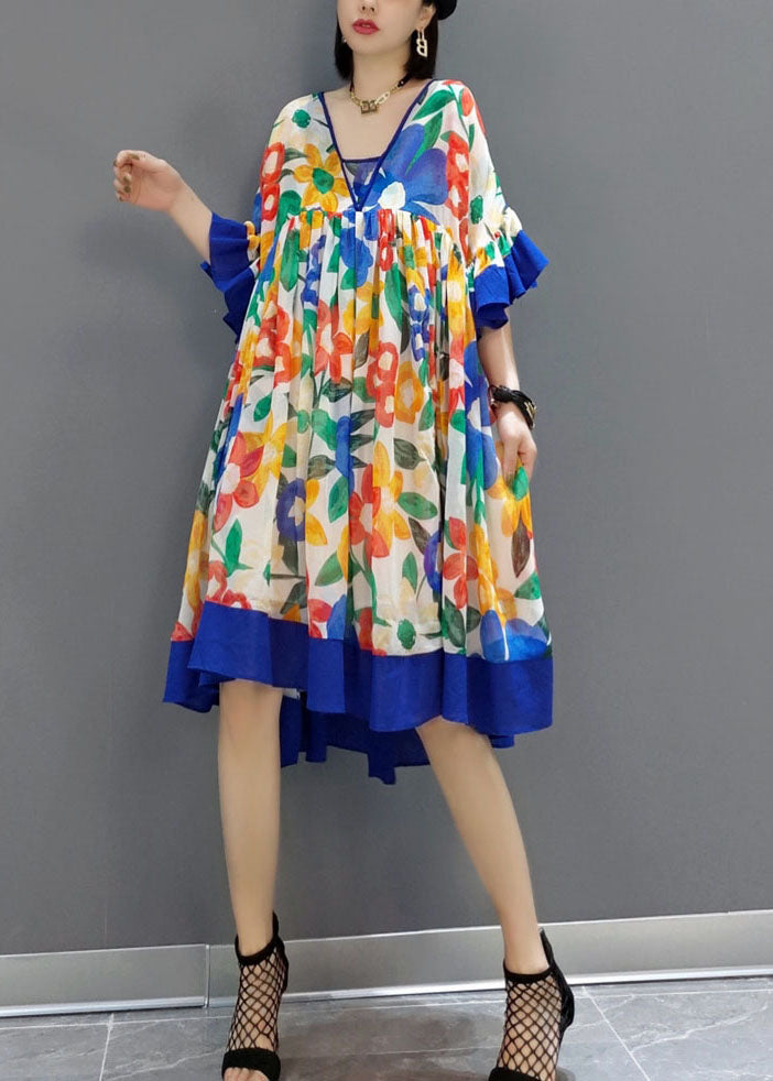 Blue Patchwork Chiffon A Line Dress V Neck Flare Sleeve LY1596 - fabuloryshop