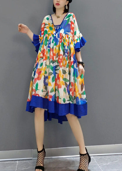 Blue Patchwork Chiffon A Line Dress V Neck Flare Sleeve LY1596 - fabuloryshop