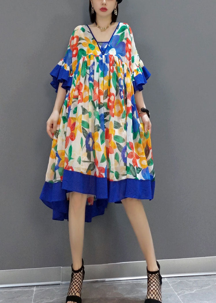 Blue Patchwork Chiffon A Line Dress V Neck Flare Sleeve LY1596 - fabuloryshop