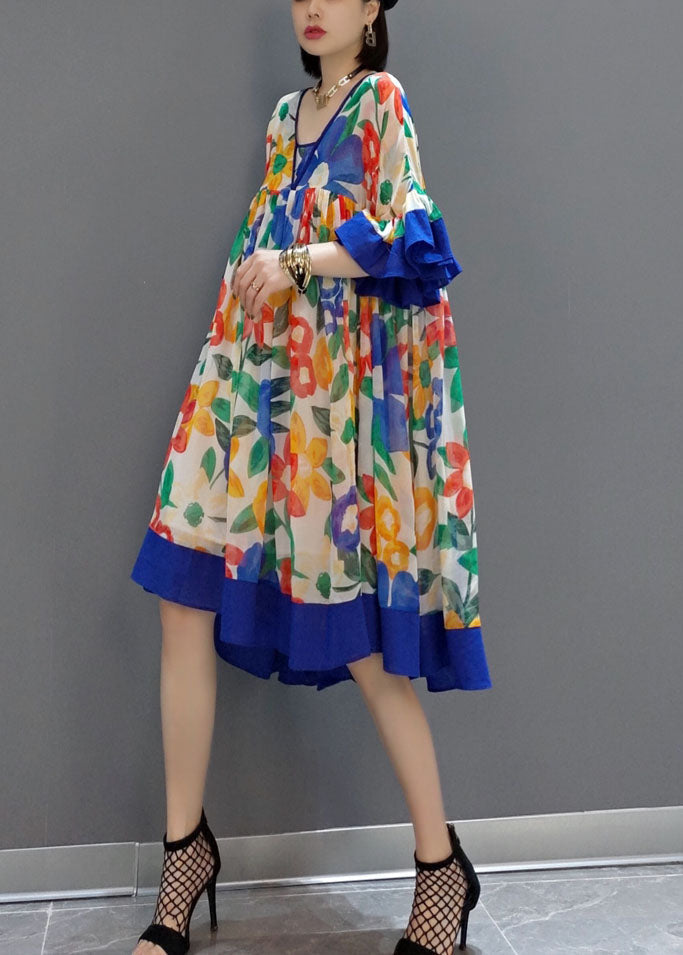 Blue Patchwork Chiffon A Line Dress V Neck Flare Sleeve LY1596 - fabuloryshop