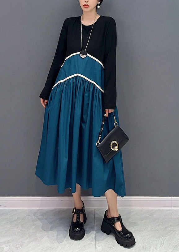 Blue Patchwork Cotton A Line Dresses Wrinkled Exra Large Hem Spring LY0555