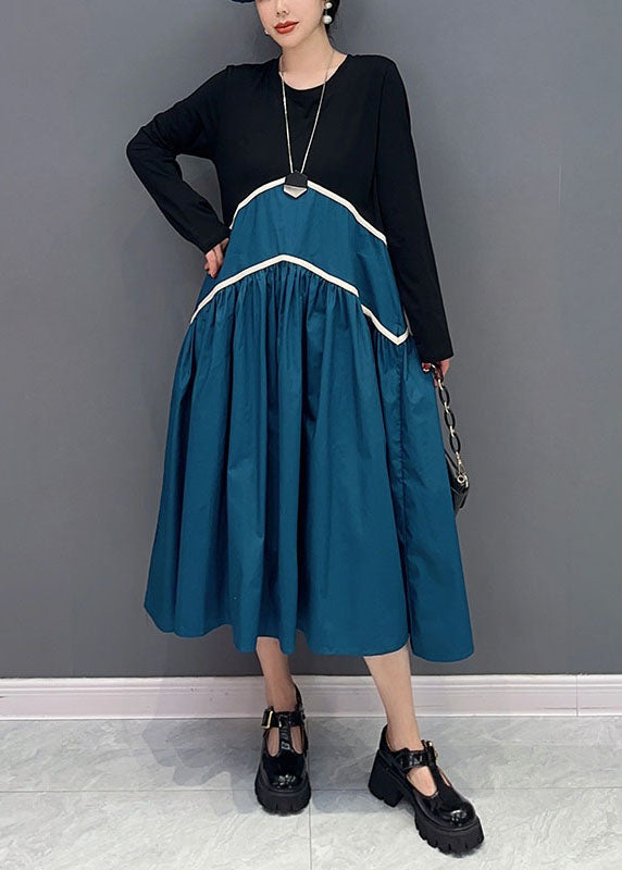 Blue Patchwork Cotton A Line Dresses Wrinkled Exra Large Hem Spring LY0555
