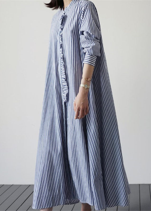 Blue Patchwork Cotton Dresses Ruffled Striped Long Sleeve LY1980 - fabuloryshop