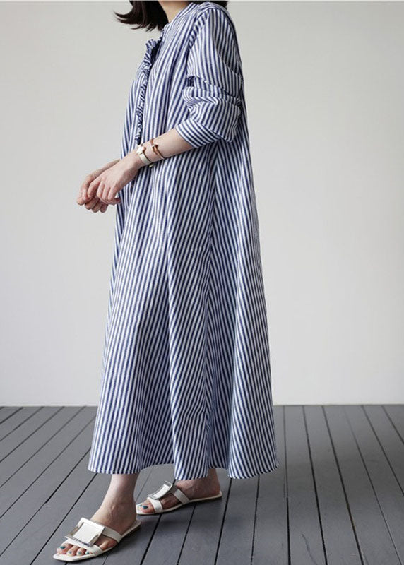 Blue Patchwork Cotton Dresses Ruffled Striped Long Sleeve LY1980 - fabuloryshop