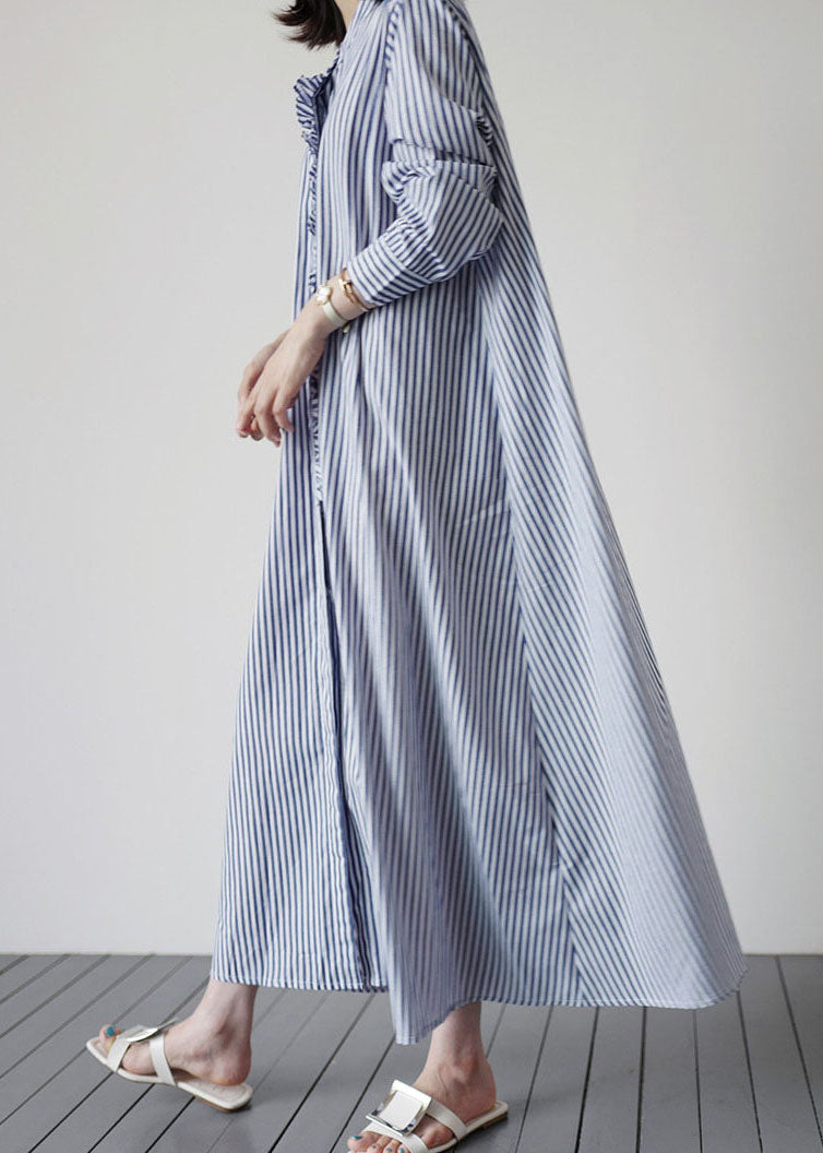 Blue Patchwork Cotton Dresses Ruffled Striped Long Sleeve LY1980 - fabuloryshop