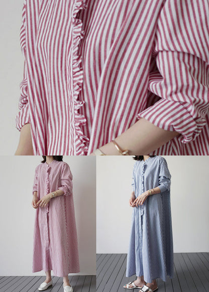 Blue Patchwork Cotton Dresses Ruffled Striped Long Sleeve LY1980 - fabuloryshop