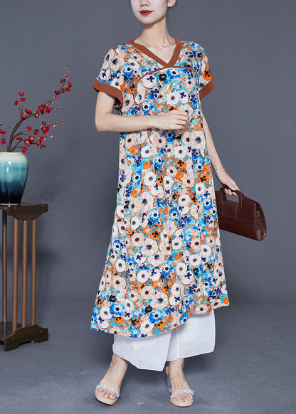 Blue Patchwork Cotton Holiday Dress V Neck Print Summer LY5386 - fabuloryshop